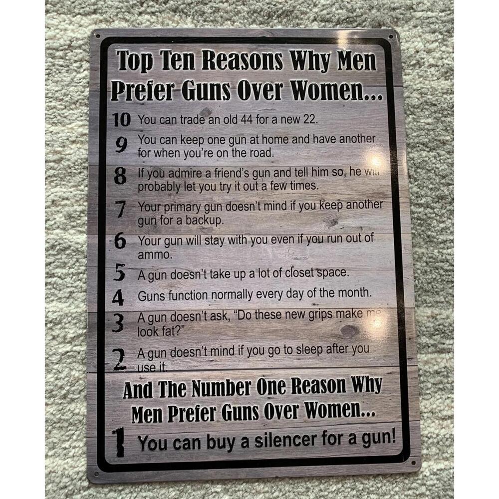"Top 10 Ten Reasons: Why Men Prefer Guns Over Women" Sign